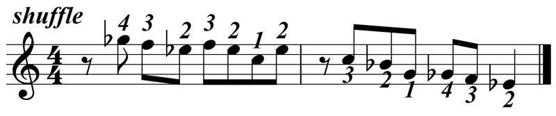music notation showing the fingering for blues piano lick 007