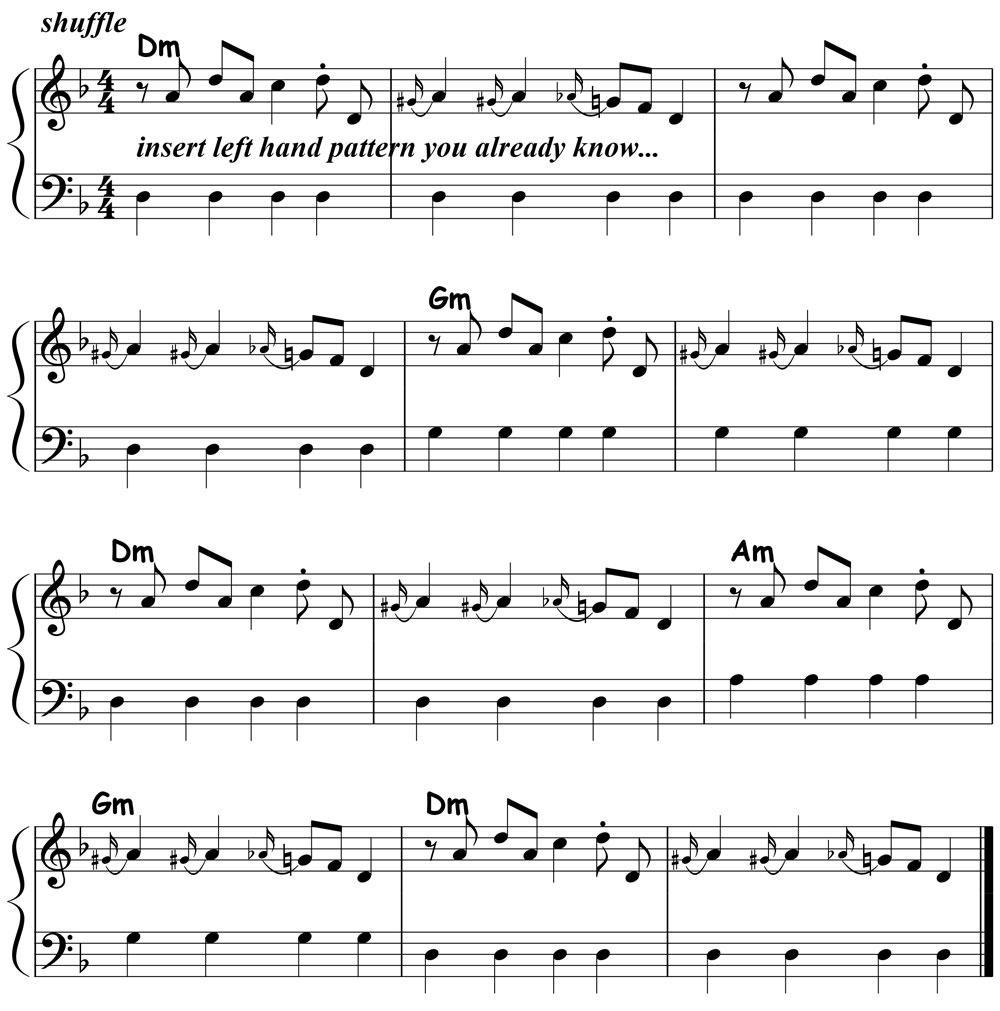 music notation for blues piano lick 008