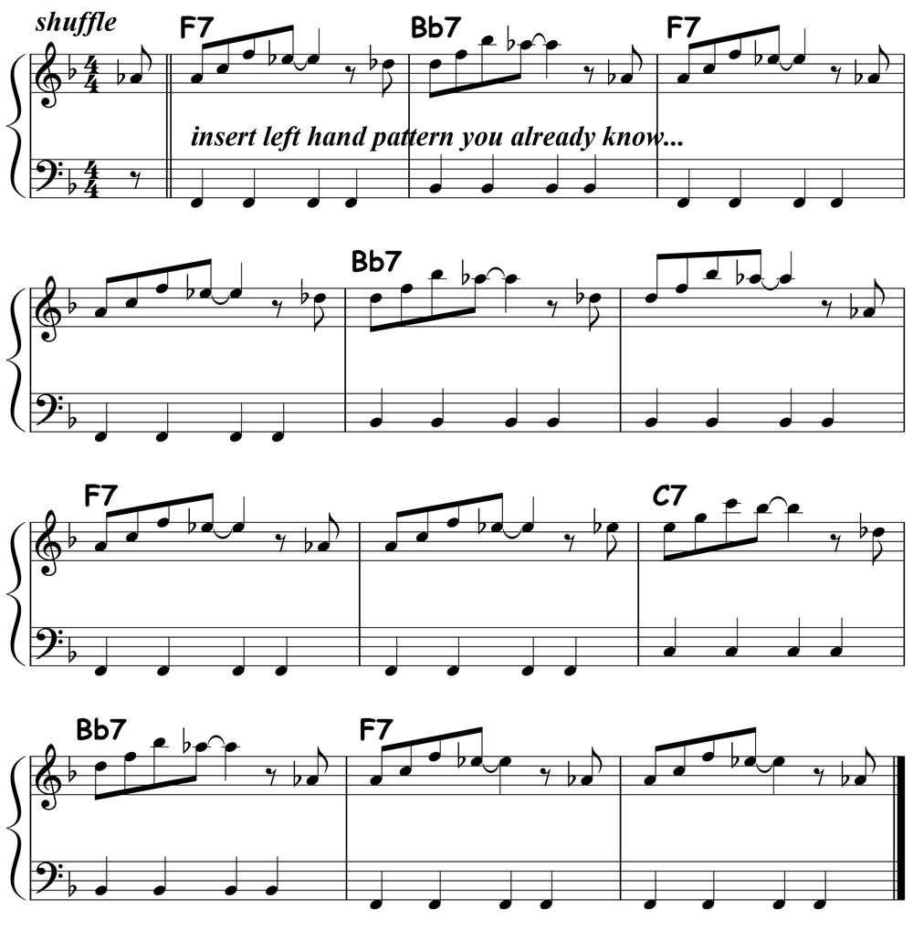 music notation for blues piano lick 009