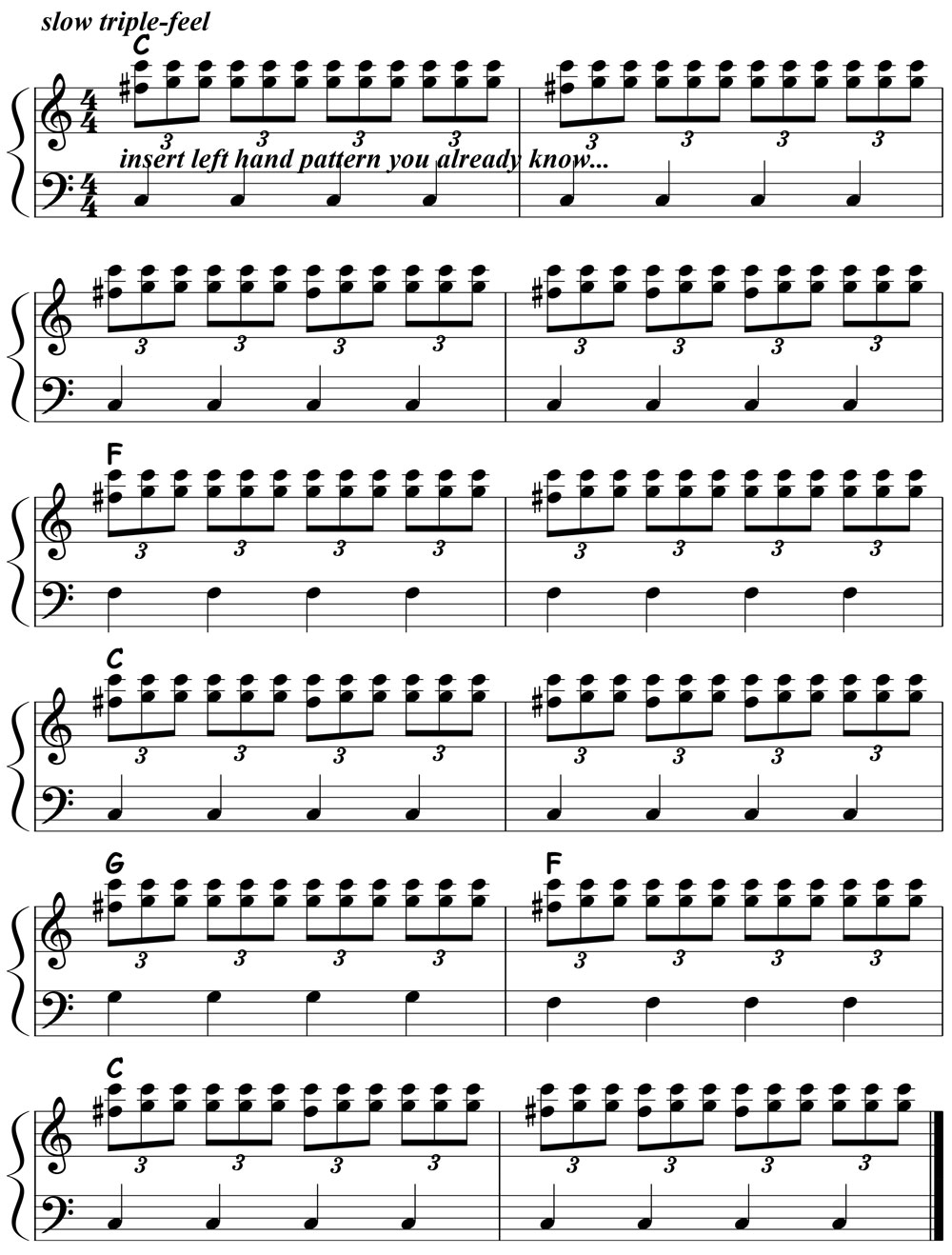 music notation for blues piano lick 010