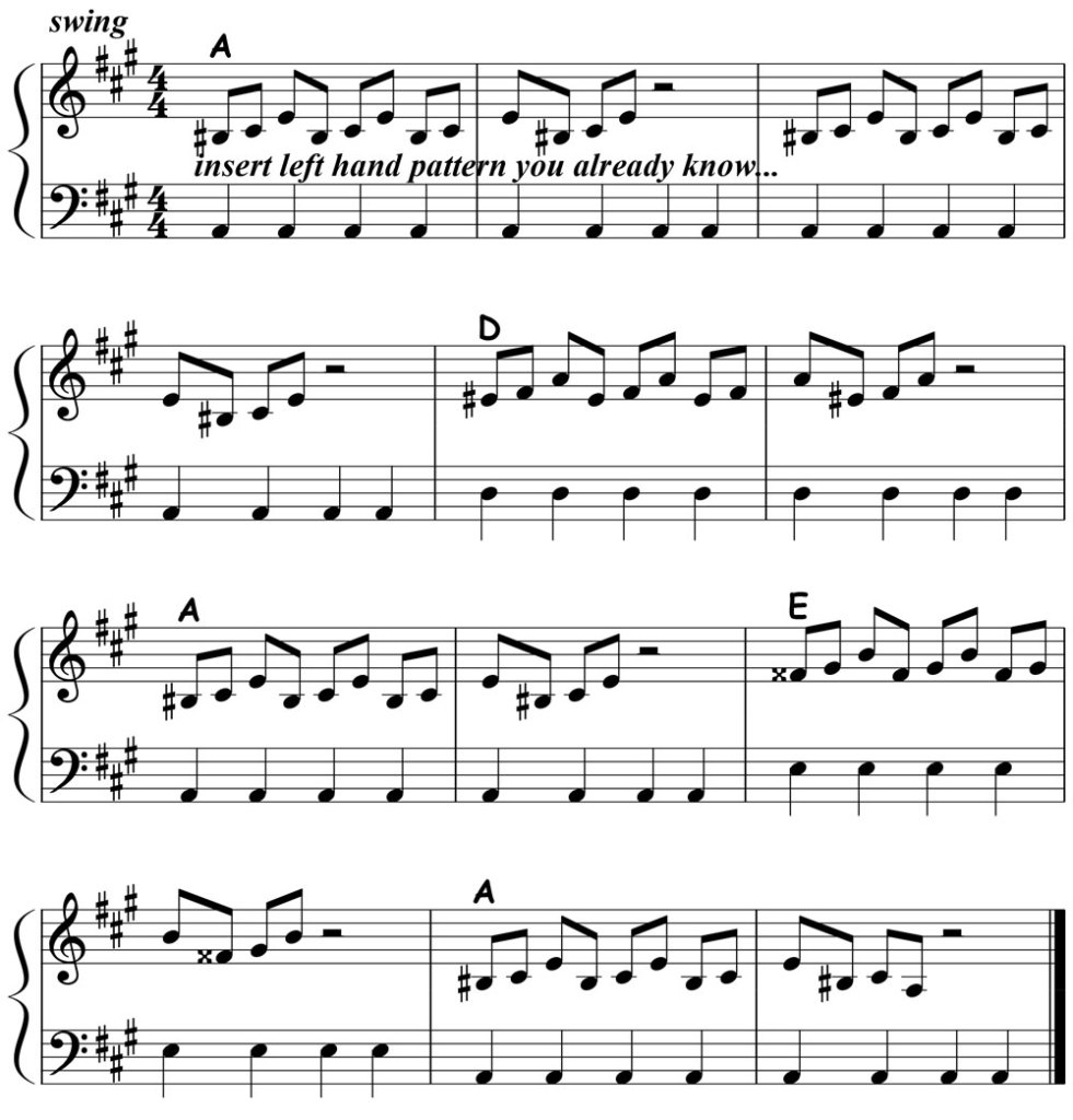 music notation for blues piano lick 011