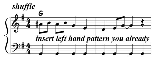 music notation for blues piano lick 012