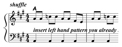 music notation for blues piano lick 014