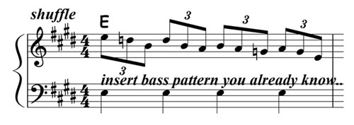 music notation for blues piano lick 018