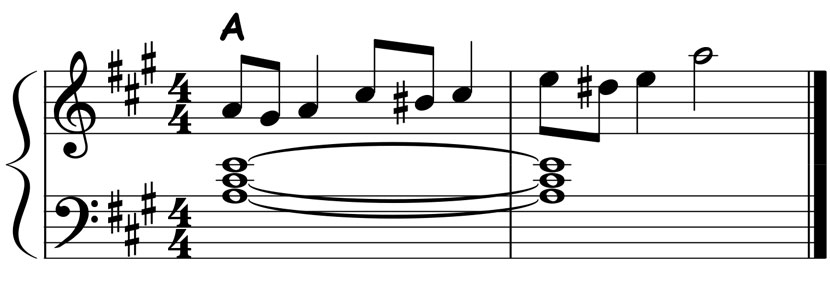 music notation showing the chord tone embellishments for an a major triad