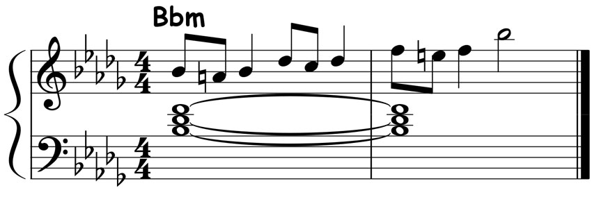 music notation showing the chord tone embellishments for a b flat minor triad