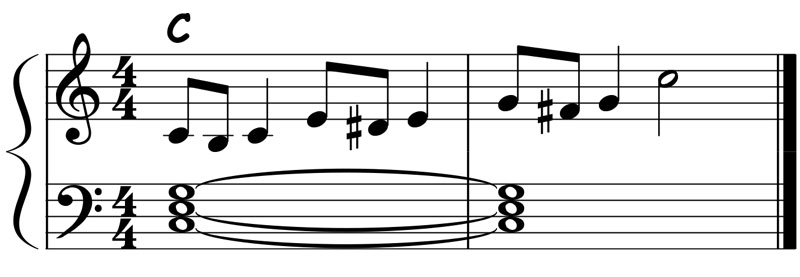music notation showing the chord tone embellishments for a c major triad