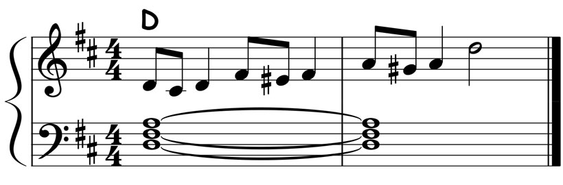 music notation showing the chord tone embellishments for a d major triad