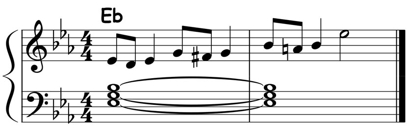 music notation showing the chord tone embellishments for an e flat major triad
