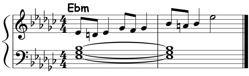 music notation showing the chord tone embellishments for an e flat minor triad