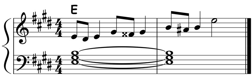 music notation showing the chord tone embellishments for an e major triad