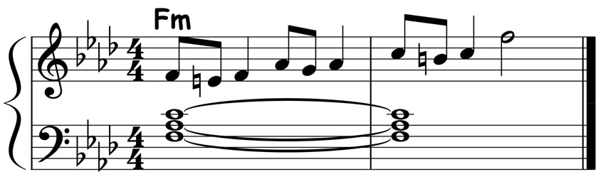 music notation showing the chord tone embellishments for an f minor triad