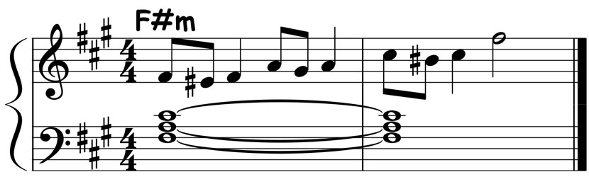 music notation showing the chord tone embellishments for an f sharp minor triad
