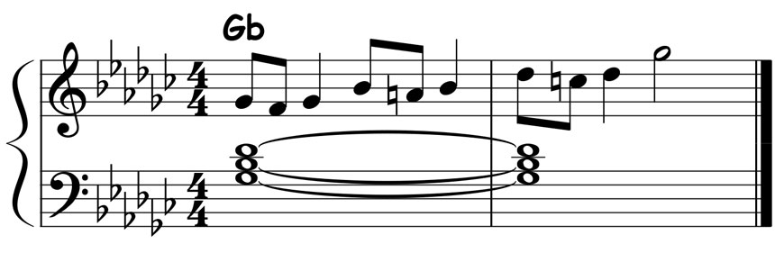 music notation showing the chord tone embellishments for a g flat major triad