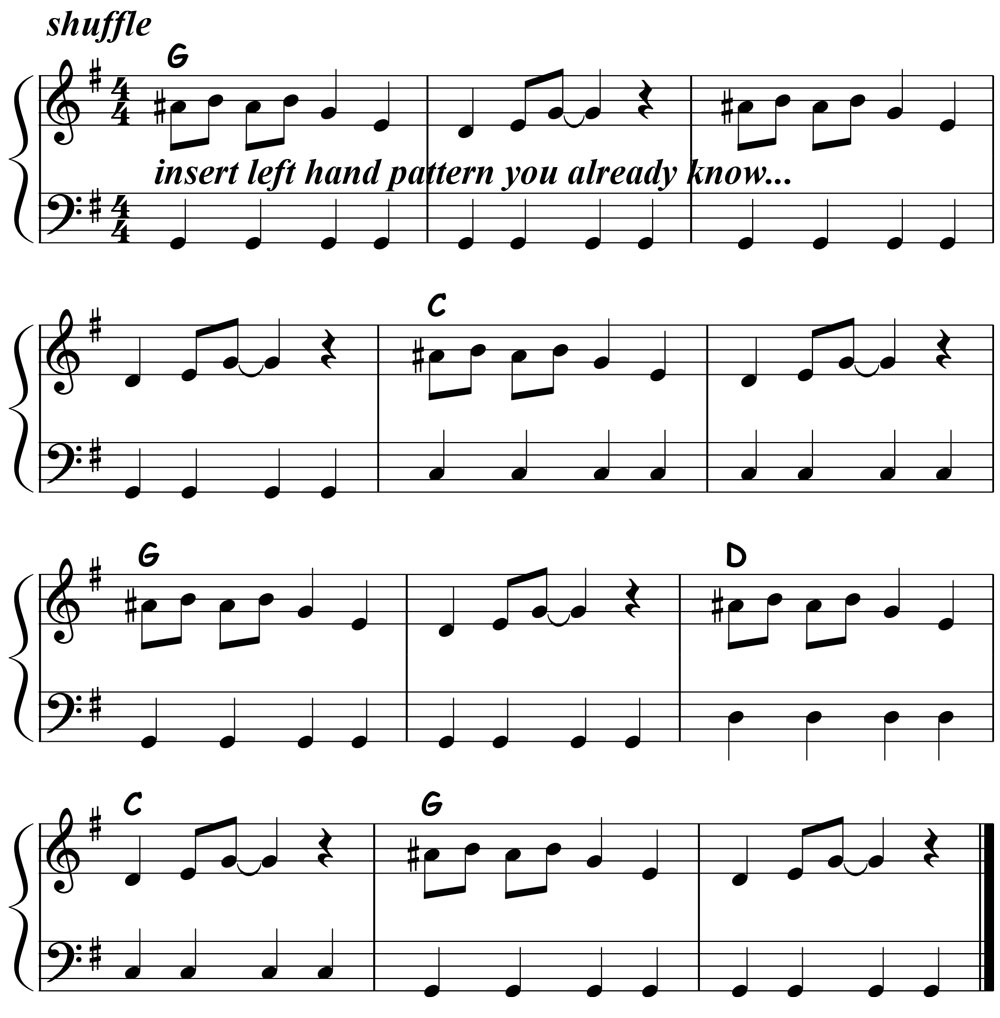 music notation for blues piano lick 012