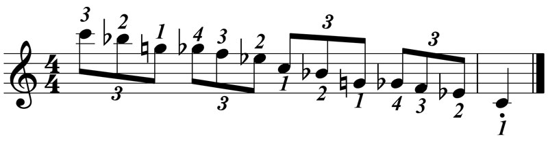 music notation showing the fingering for blues piano lick 013