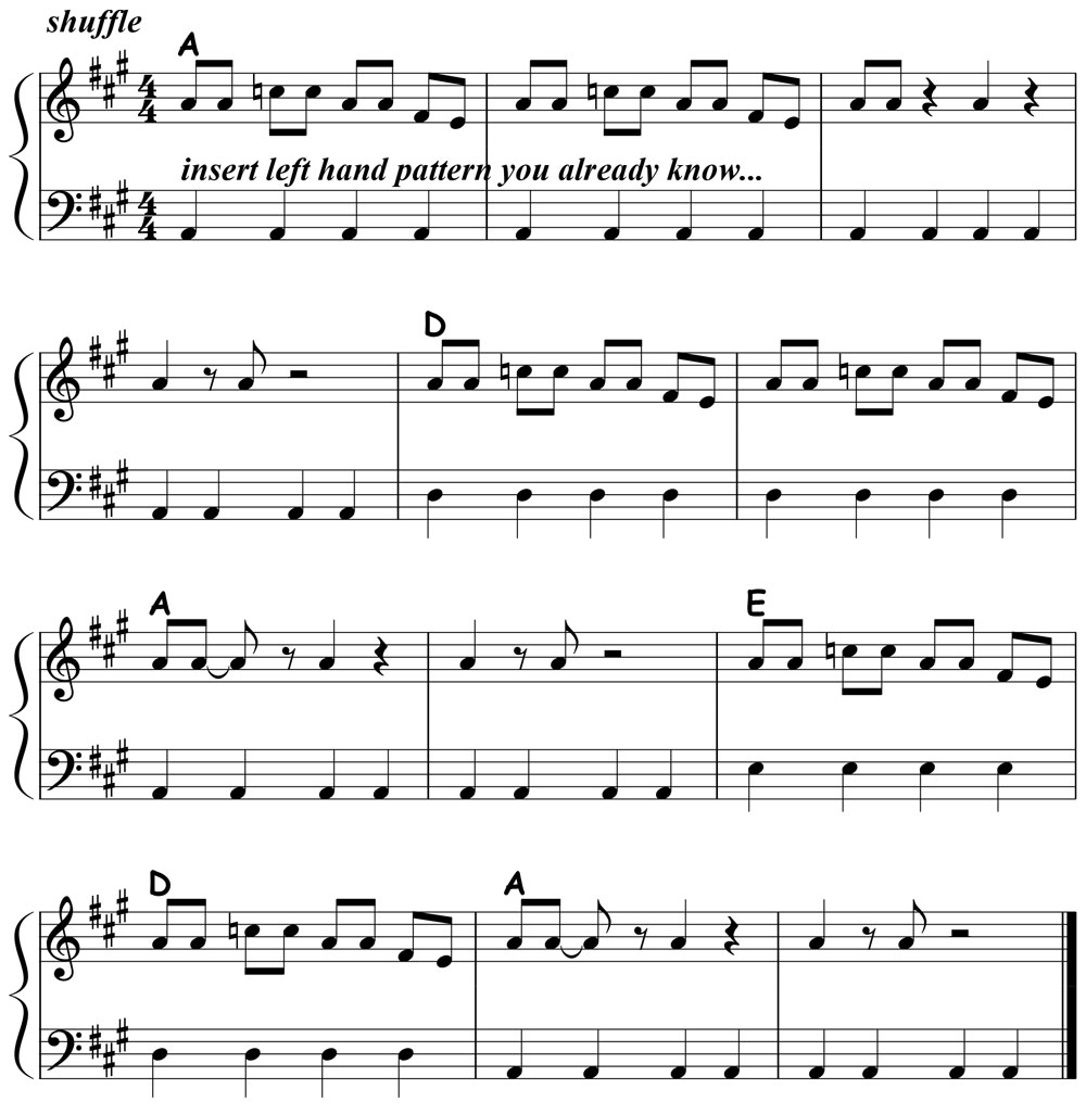 music notation for blues piano lick 014