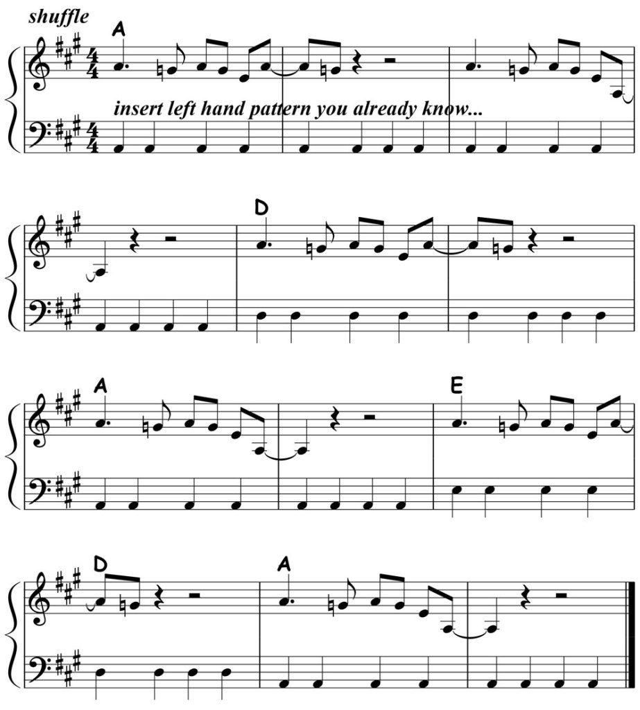 music notation for blues piano lick 016