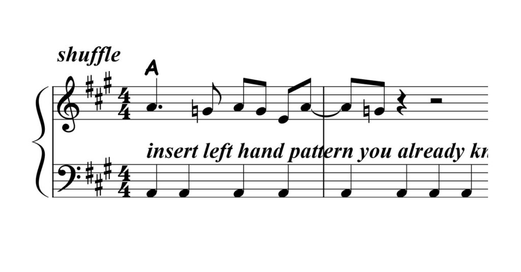 music notation showing the fingering for blues piano lick 015