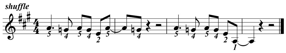 music notation showing the fingering for blues piano lick 016