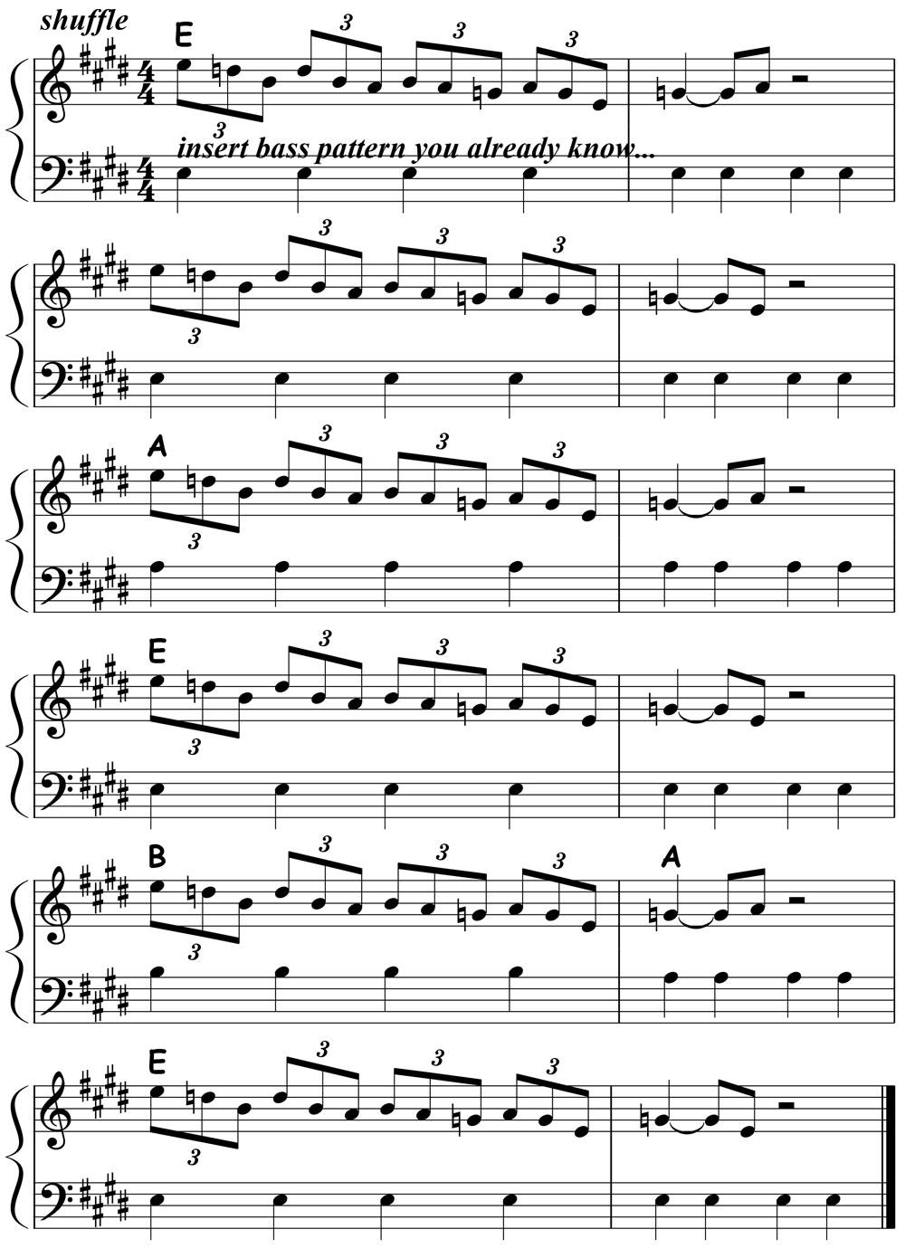 music notation for blues piano lick 018