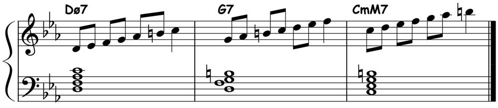 piano music score showing the harmonic minor modes for the minor 2 5 1 chord progression