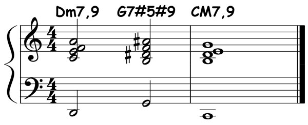 piano music score showing a 2 5 1 chord progression in the key of c major played using an altered g7 chord
