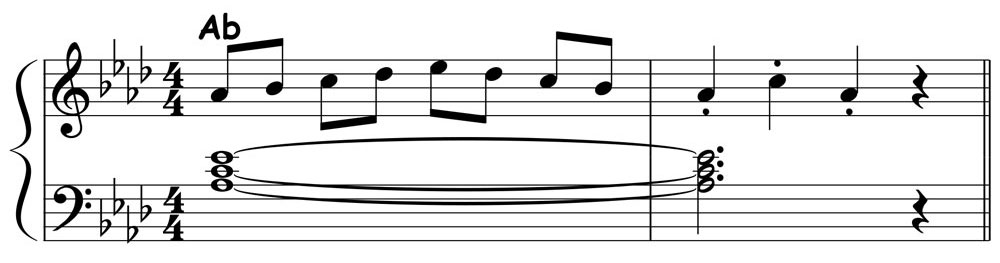 piano music score showing an a flat major pentascale played over an a flat major triad