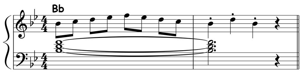 piano music score showing a b flat major pentascale played over a b flat major triad