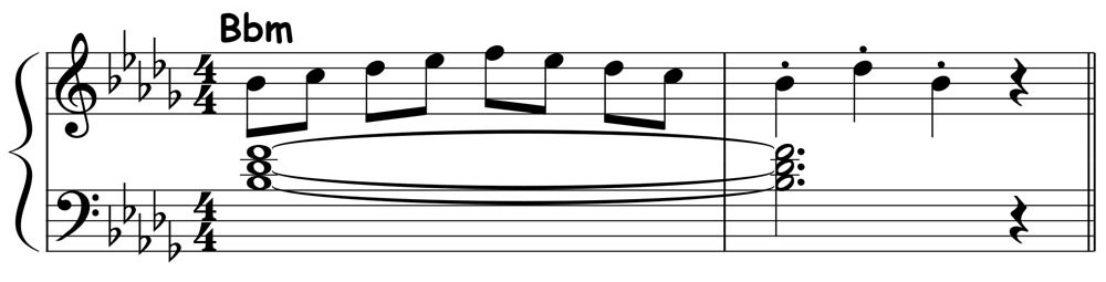piano music score showing a b flat minor pentascale played over a b flat minor triad