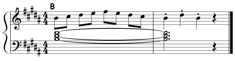 piano music score showing a b major pentascale played over a b major triad