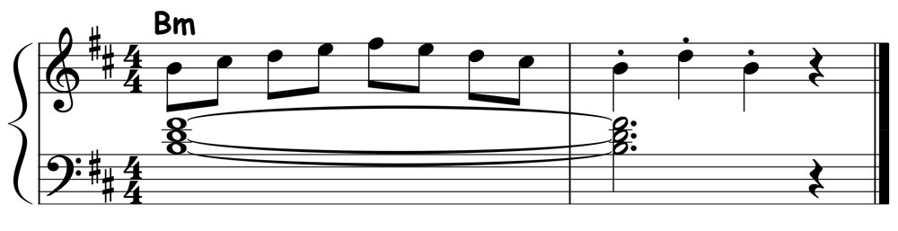 piano music score showing a b minor pentascale played over a b minor triad