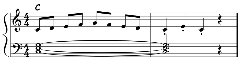piano music score showing a c major pentascale played over a c major triad