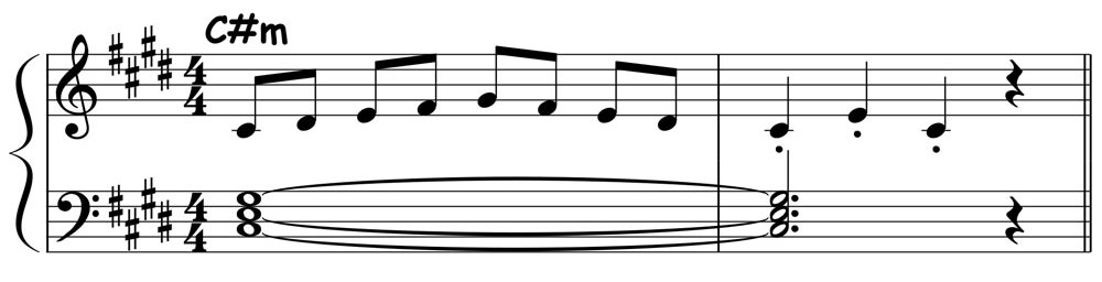 piano music score showing a c sharp minor pentascale played over a c sharp minor triad