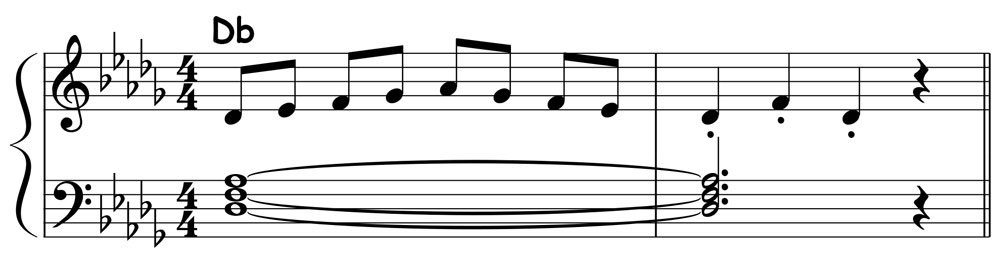 piano music score showing a d flat major pentascale played over a d flat major triad