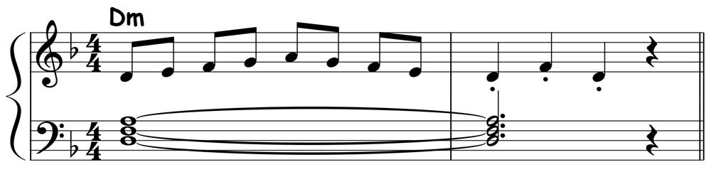 piano music score showing a d minor pentascale played over a d minor triad