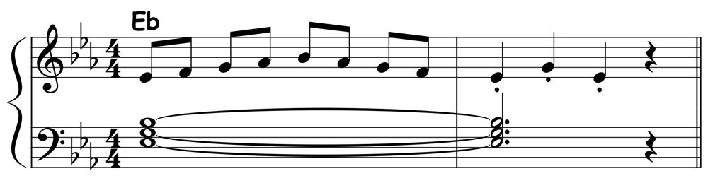 piano music score showing an e flat major pentascale played over an e flat major triad