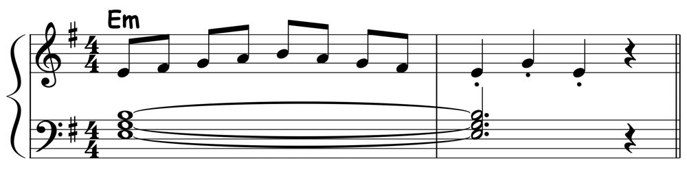 piano music score showing an e minor pentascale played over an e minor triad