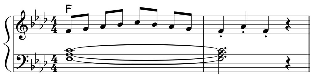 piano music score showing an f minor pentascale played over an f minor triad