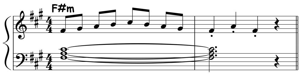 piano music score showing an f sharp minor pentascale played over an f sharp minor triad