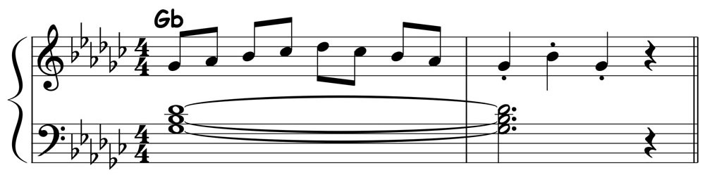 piano music score showing a g flat major pentascale played over a g flat major triad