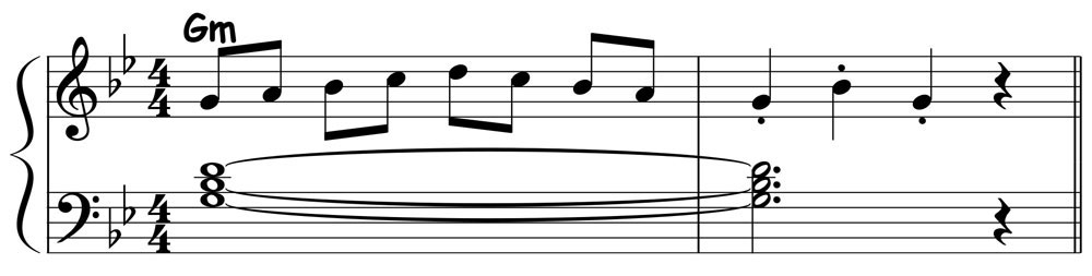 piano music score showing a g minor pentascale played over a g minor triad