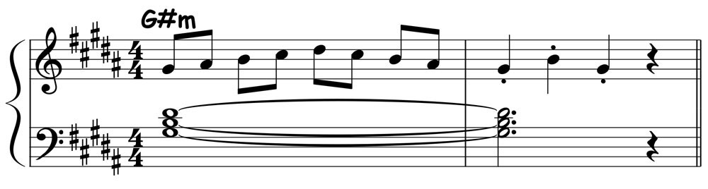 piano music score showing a g sharp minor pentascale played over a g sharp minor triad